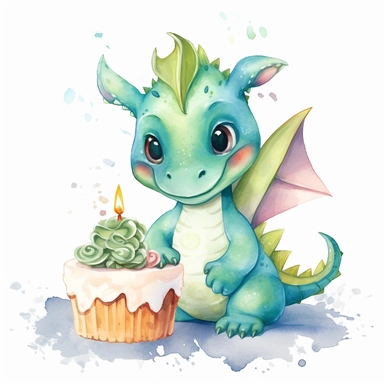 Cute happy Watercolor cake Baby Dragon Clipart, on a white background