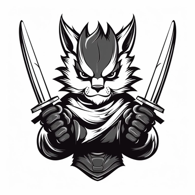 2D Black logo on a white background. Black fox warrior with swords in hands Clipart. NO SHADING. KEEP THE LOGO SIMPLIFIED