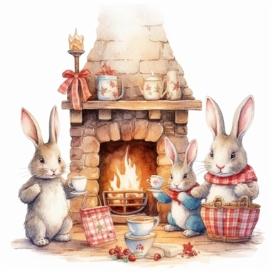 charming bunny family, Christmas morning in their cosy homy, festive decor and mood, fireplace, happy, ornamental watercolor, clipart