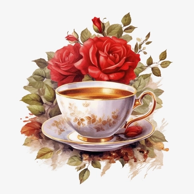 watercolor, white background, clipart, watercolor, white background, ultra-realistic and hyper-detailed clipart beautiful cozy tea with red roses, red and rich gold hues