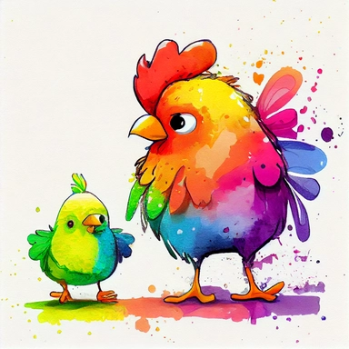 funny pink, yellow, blue, orange and green chicken, hen with rooster, with beautiful legs, like a friend, cartoon style, white background, black outside lines, designs, white background, watercolor pencil drawing, small details, digital art, clipart, super acurate, –testp, pixar,