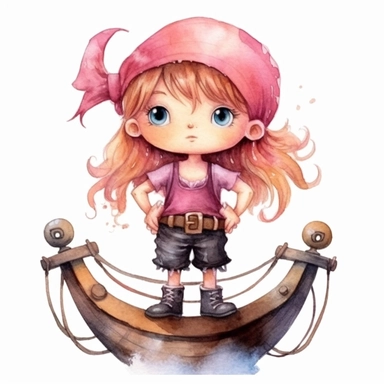 Cute little pirate girl standing on her pirate ship pink watercolor Clipart