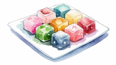 Watercolor clipart with white background, cute sugar cubes on a small plate , cute and adorable, flat design, clearly defined separated image, high quality