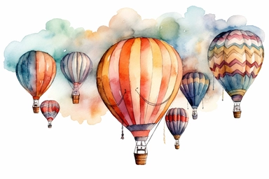 Watercolor, Generate a majestic hot air balloon festival with balloons of different shapes and sizes. clipart, hd, on a white background, spaced out