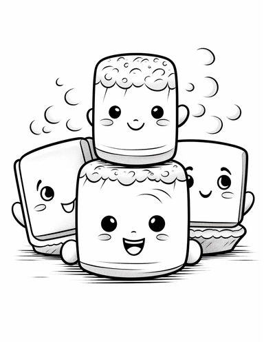 Kawaii s'mores with smiling faces, featuring toasted marshmallows, chocolate, and graham crackers For Simple Coloring page,line art, thick lines, black and white,clipart, illustration, on white background,margin Page 10px