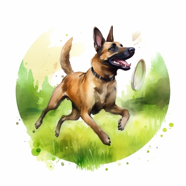 Energetic Belgian Malinois chasing a flying disc in a lush green meadow, with its tail wagging and a playful grin, white background, watercolor clipart.