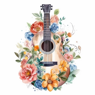 complex watercolor illustration of floral acoustic guitar in beautiful flowers professional hyperrealism,concept,art,8k,hd,watercolor,detailed,white backround,clipart