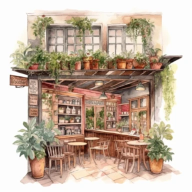Italian vintage shop clipart, Watercolor, detailed, interior design, Italian cafe interior clipart, Italian cafe illustration, white background, no caption, no text