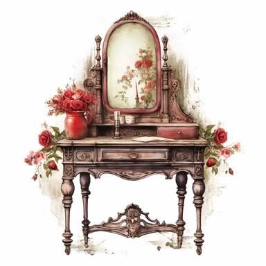 A gracefully weathered Victorian dressing table, its faded mirror reflecting memories of past beautification rituals. The worn woodwork exudes vintage charm, and an abundance of vibrant red roses adorns the table, adding a touch of floral beauty to every primping session. White background, clipart, watercolor, intricate detail