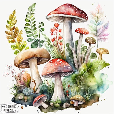 large, Watercolor Mushrooms Clipart - cute forest nature toadstool clip art, white background, landscape, clump of mushrooms, moss, woodlands