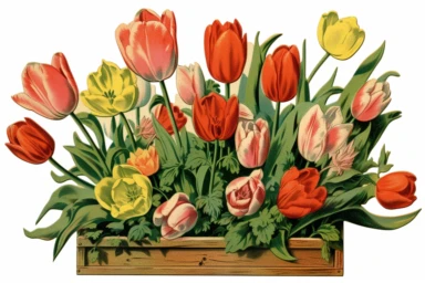 Vintage 1920 detailed open box of tulips Illustration , Chromolithograph, Die Cut, 1920s Illustration, Vintage, Chromolithograph, Colorful, Antique, Ephemera, Clipart, 8k, Isolated on white