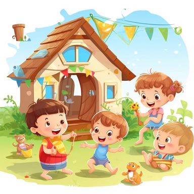 cute babies playing at the summer house, family in background, summer time, no watermark, white background, clipart