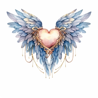 Unique vintage wedding heart with light toned wings clipart, in the watercolor style on a white background, by lisa audit