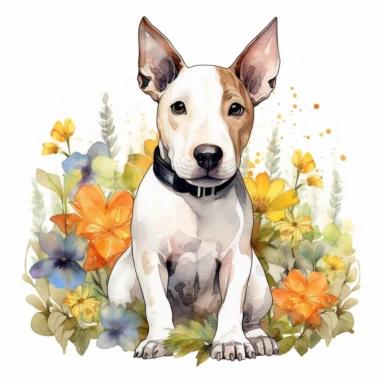 An intricately detailed watercolor clipart illustration displaying an ultra-realistic [specific design idea, like Adorable cute beby Bull Terrier, grass and flowers on the back of the puppy  ], isolated on a white background, in the style of ultra-detailed watercolor clipart illustrations, HDR watercolor clipart illustrations, 32K watercolor clipart illustrations, hyperrealistic watercolor clipart illustrations, ultra-intricate watercolor clipart illustrations, high-resolution watercolor clipart