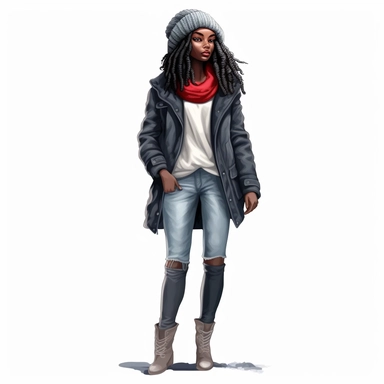 Hyperrealistic beautiful full figure black beauty lady, winter clothes fall attire, cute and colorful, clipart, hd, white background