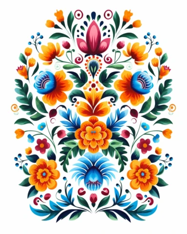 Mexican folk art clip art ,central focal point with symmetrical elements around it, flowers, roses, leaves, hand painted style, illustrative, gradation of color, presented on a clean white background,