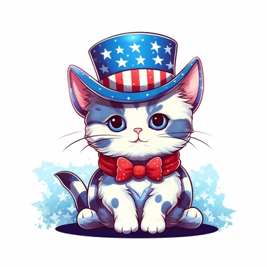 isolated flat clipart on a white background of a cute chibi Fourth of July themed cat wearing a top hat with stars on a blue background and red horizontal stripes tshirt design graphic, in the style of daniel f. gerhartz, transcendent, nikon d850, art of burma, captures the essence of nature, in the style of organic forms and patterns, expansive skies, hyper-detailed illustrations, i can't believe how beautiful this is, lively colors