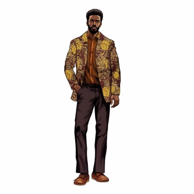 full body clipart dark skinned black man well groomed mustach and beard well dressed model pose in burgundy tan black gold orange ankara style