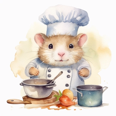 watercolor clipart, A cute chubby hamster, wearing a chef's hat, Cooking food in the kitchen, tasty, white background, high solution