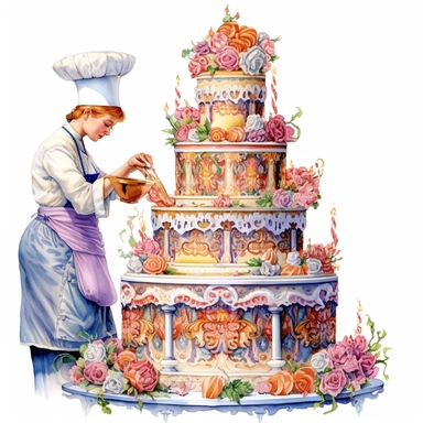 watercolor, hyper realistic, white background, white margins, 16k, ultra detailed clipart, cut out image, hand-drawn a Victorian baker decorating an elaborate cake with intricate designs and piping techniques, surrounded by an array of decorative elements like sugar flowers and ribbons.