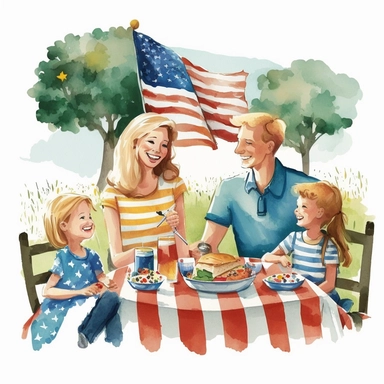A clipart of a family having a picnic with the American flag in the background , Watercolor, Clipart, transparent background PNG
