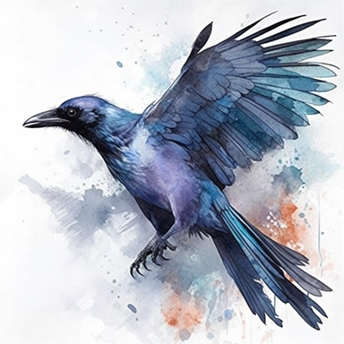 High level watercolor, hyper-realistic, white bordered background, 8k, super-detailed clipart, large, futuristic, majestic ice raven soaring gracefully in a frosty winter sky, fabulous, cool, pastel blue