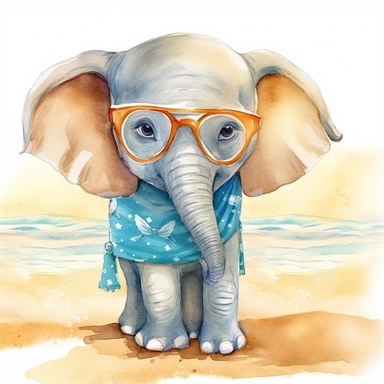 Create a watercolor illustration clipart of a playful cute Baby Elephant Wearing sunglasses on the beach, with its full body visible. Use soft, flowing brushstrokes and a warm, inviting color palette to create an image that is both charming and whimsical. Incorporate intricate details like the motion of Baby Elephant Wearing sunglasses on the beach to create a lifelike, realistic image. Can add other elements to the illustration like related item to play to create playful scene. Use white backgr