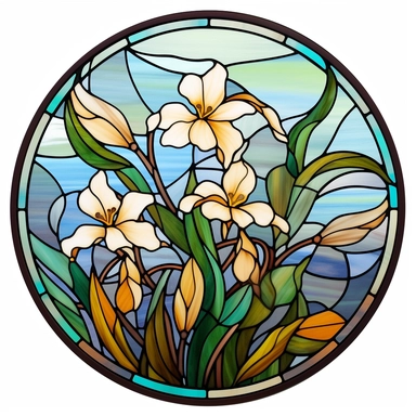 clipart realistic round stained glass window with floral lillies theme, crisp lines, white background