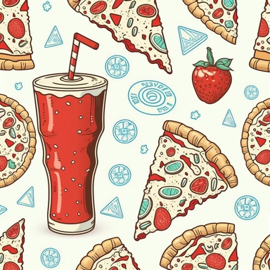 hand drawn seamless pattern of a pizza and coke doodle, clipart, white background