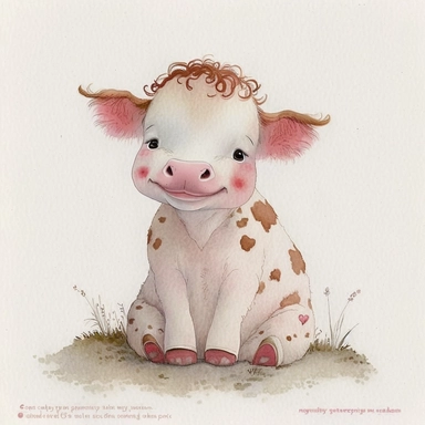 Cute - french style sitting baby cow smiling clipart, pink red hairclip in her hair, 1960, in the style of realistic watercolors, childlike innocence and charm, adorable eyes, rosy cheeks, shy posture, feminine sensibilities, realistic drawing in storybook illustration, pencil drawing by Angela Barrett, Elsa Beskow 300 DPI, valentines day themed, white background