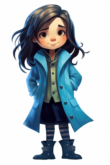 4 year old cartoon Pretty children, cute cartoon white girl with black long hair, wearing blue trousers and turquoise coat, smiling with her arms crossed. Pixar childrens book cartoon style, detailed, modern, urban, watercolor, full color, flat color, white background, children book illustration. Watercolor clipart. Pixar animation