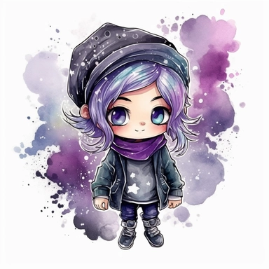 watercolor funny create kawaii marbled black ,silver, purple chibi school spirit clipart, isolated on white background,space out--ar3:2--s1000