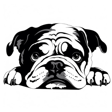 A super cute happy tongue out peeking over it's paws English Bulldog puppy silhouette clipart black and white SVG