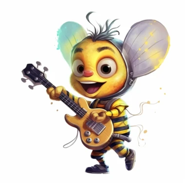 cute Bee character wearing rock music clothes and music element with happy face,front facing on isolated background,with happy face and expression,Animal Sublimation Clipart,no splash watercolor,white background, ultra detailed clipart, cut out image, colorful watercolor realistic, cartoon style, ultra HD, sharp and clean art