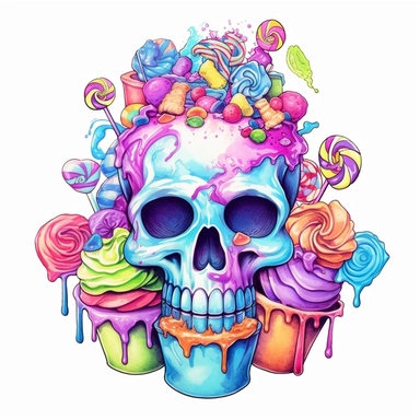 Fantasy beautiful sugar scull and sweets, pastel rainbow color, watercolor, on white background style by Lucy Fleming, watercolor, smooth gradients, black contour outline, ultra detailed, clipart elements, delicate pastel colors, solid white background, super clear, high quality