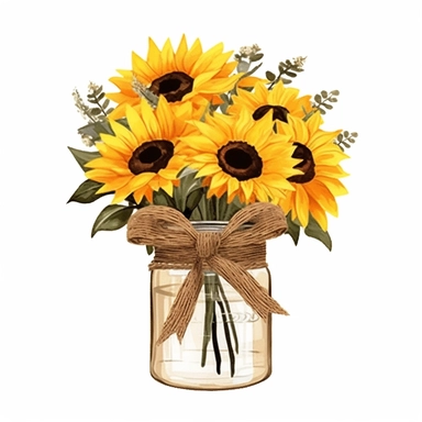 on white background high detailed clipart featuring sunflowers tied with jute ribbon in a jar, coffee mug in watercolor style, hyper realistic illustration flat color
