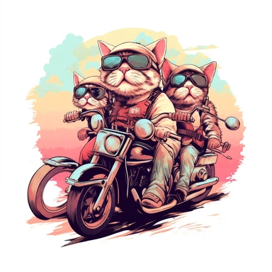 Create a clipart of a group of cats riding motorcycles together, perhaps forming a motorcycle gang. Low detail. White background, soft lighting. In the style of Bob Ross
