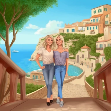 panoramic view, full view, landscape, two beautiful older middle-aged female best friends, one with long blonde hair and one with short blonde hair, age appropriate attire, same height, posing, smiling, beautiful faces, along a cobblestone walkway in a beautiful mediterranean town with view of beautiful blue water, cascading bougavanelia, beautiful summer day, illustration clipart, photo realistic, romantic, fantasy, ethereal, sharp focus, high detail,