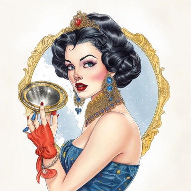 Hand drawn 1950’s pin up woman, dressed like Disney's Snow white, holding a gold hand mirror, shades of blue yellow and red, very glamorous with jewelry, shades of blue coral and silver, half body, very detailed and realistic, watercolor, white background with margins, clipart style