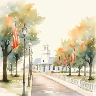 A tree-lined avenue leading to a white country church, adorned with red road lanterns and stair railings, american style, watercolor, clipart