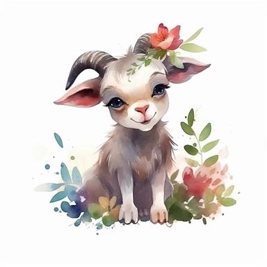 a moving baby horned goat with cute big eyes, happy smiling face, cute animal, adorable, playful atitude, adorable watercolor animal clipart with a few plant and flower decor, no background, high quality