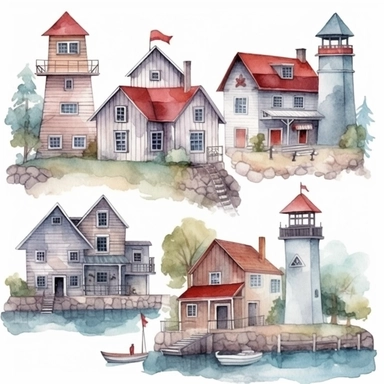 watercolor harbor village, illustrations clipart set, simple, , cartoon elements ,different variants , separate elements with a margin