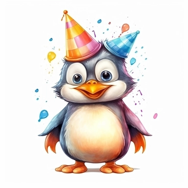 cute Penguin character wearing birthday clothes and birthday element with happy face,front facing on isolated background,with happy face and expression,Animal Sublimation Clipart,no splash watercolor,white background, ultra detailed clipart, cut out image, colorful watercolor realistic, cartoon style, ultra HD, sharp and clean art
