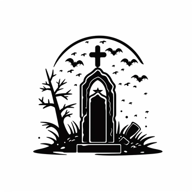 Black and white silhouette of a terrifying cartoon halloween gravestone, clipart style, white background, thick lines, vector, simple design, flat colour, solid colour, halloweencore