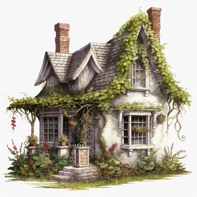 vintage house with vines wrapped around, flowers. moss clings to, illustration clipart, high detailed, white background, digital art