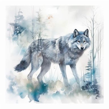 High level watercolor, hyper realistic, white background with borders, 8k, ultra detailed clipart, big, futuristic, wolf walking through the forest, his frosty breath creates swirling snowflakes and ice formations in the air, dreamlike, cool, pastel blue