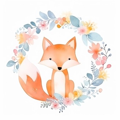 cute fox in a dainty floral wreath, magical, kids art, clipart, isolated white background, 8k