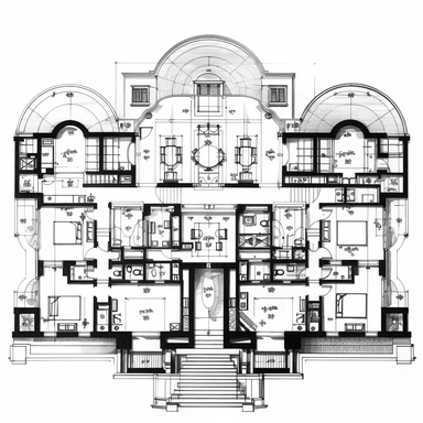 floor plans for a large house with 5 bedrooms a kitchen, 3 bathrooms in art nouveau style, black lines, detailed, flat design, white background, clipart style, black and white,