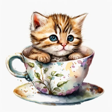 A charming watercolor clipart of a small kitten joyfully playing inside a teacup, its fur portrayed with lively brushstrokes and vibrant colors, capturing the kitten's energy and lively nature, while conveying a sense of warmth and happiness, Artwork, watercolor painting on watercolor board,