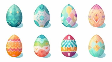 Set of cartoon flat style Easter eggs with different texture on a white background. Spring holiday clipart. Vector Illustration banner
